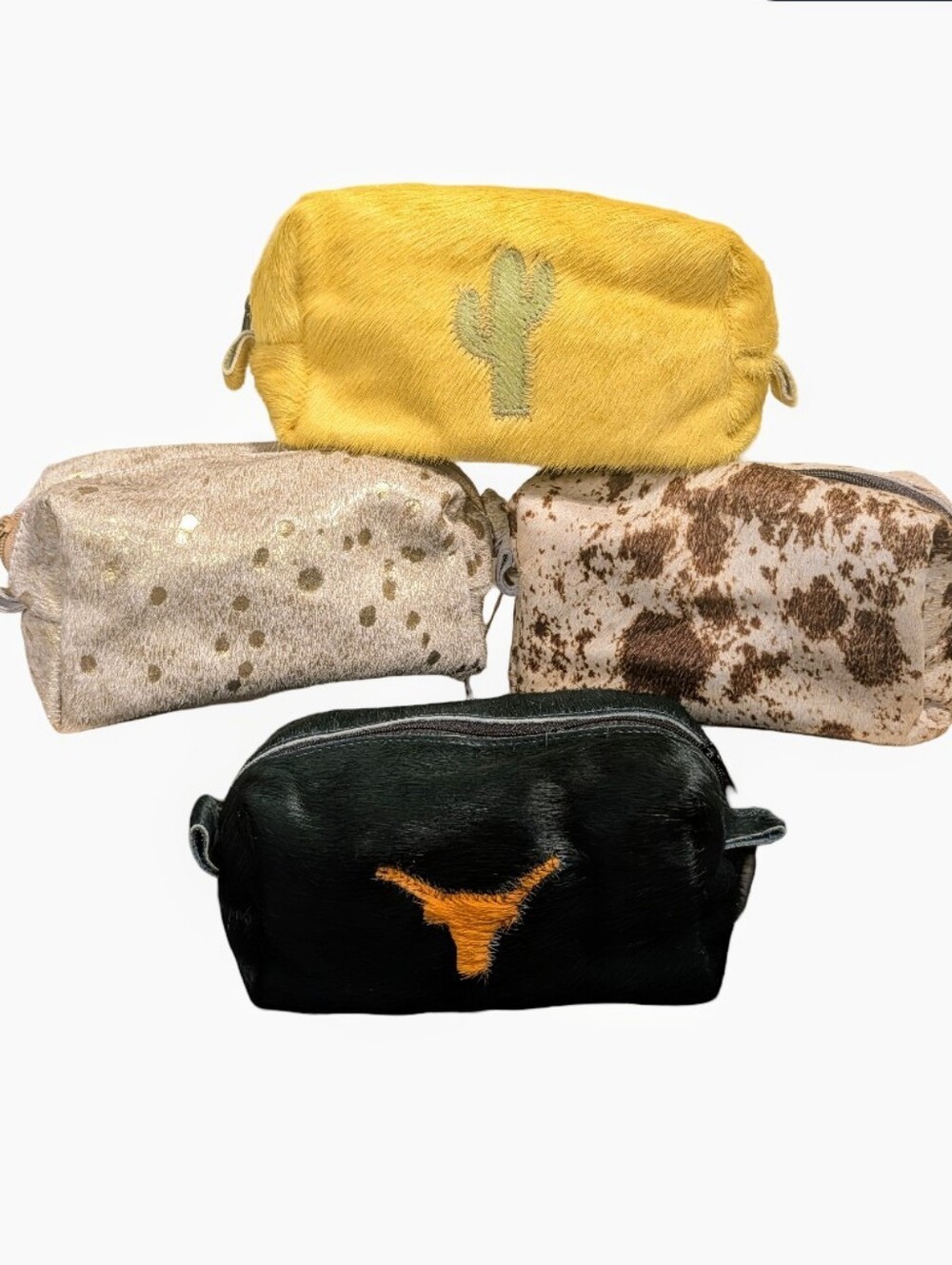 Deckoland World Traveler Cow Hide Toiletry Bags Lot Natural, Metallic & Dyed